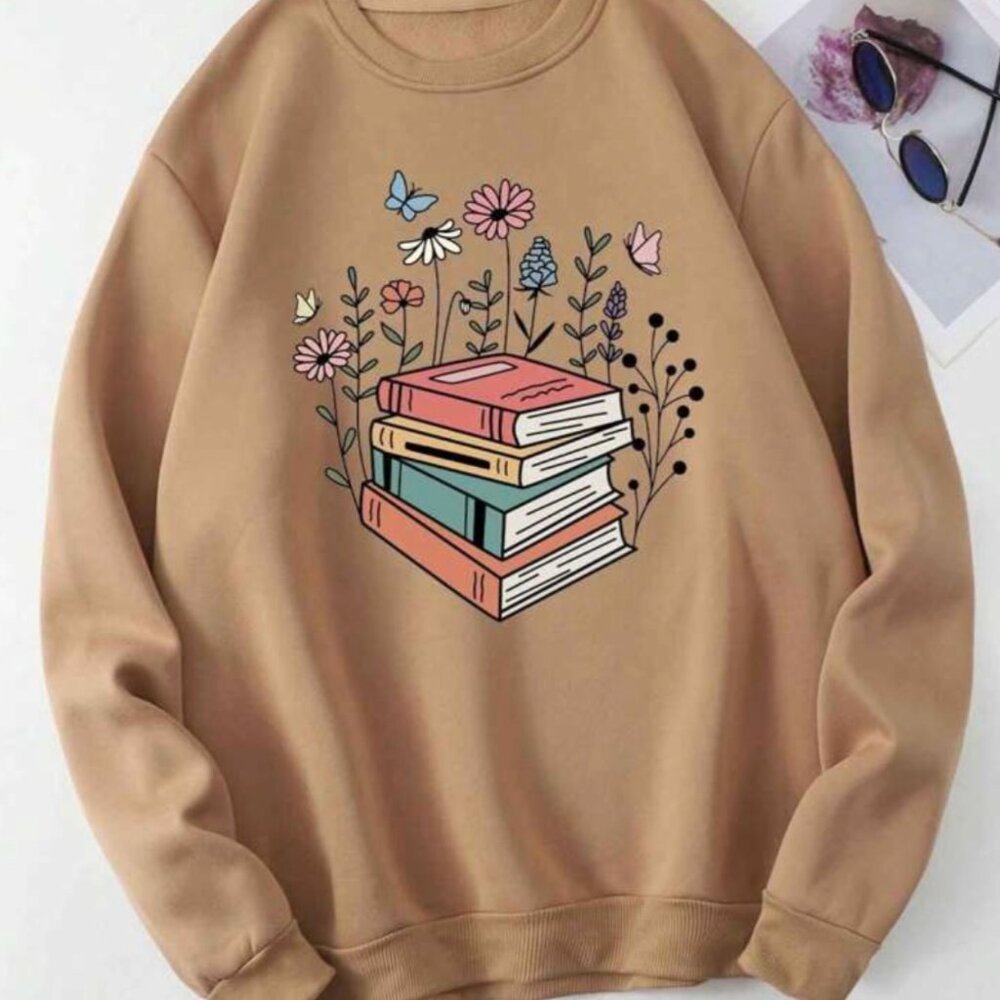 Shein Plus Book and Floral Print Thermal Lined Sweatshirt